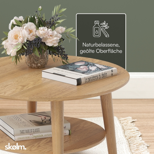 skølm 'Mjölnir' Couchtisch rund, Massivholz Eiche, natur geölt, Wohnzimmertisch Ø70 cm, Beistelltisch für Wohnzimmer mit Ablage Bild 4