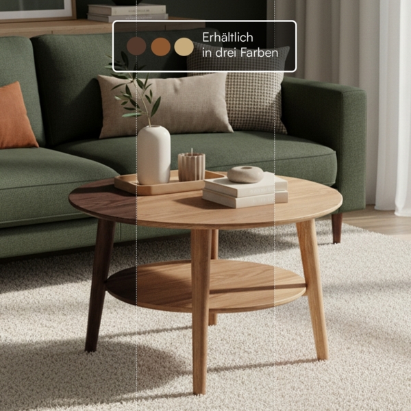 skølm 'Mjölnir' Couchtisch rund, Massivholz Eiche, natur geölt, Wohnzimmertisch Ø70 cm, Beistelltisch für Wohnzimmer mit Ablage Bild 7