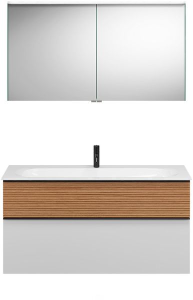 Burgbad FIUMO Waschtisch Set mit Spiegelschrank 122 cm breit, Braun/Weiß, Waschbecken Gussmarmor Weiß
