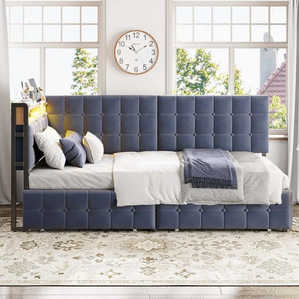 Odikalo Schlafsofa Daybett Stauraumbett Polsterbett USB Schubladen 90x200cm Grau/Beige