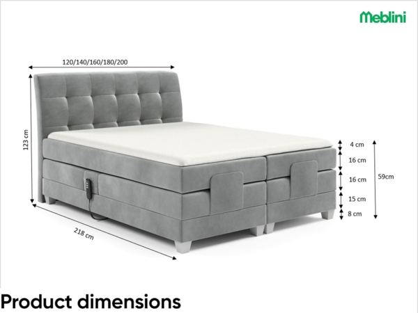 MEBLINI Boxspringbett Elektrisch DANTE 160x200 cm mit Bettkasten – H3/Grau Samt Polsterbett - Doppelbett mit Toppers & Taschenfederkern-Matratzen Bild 7