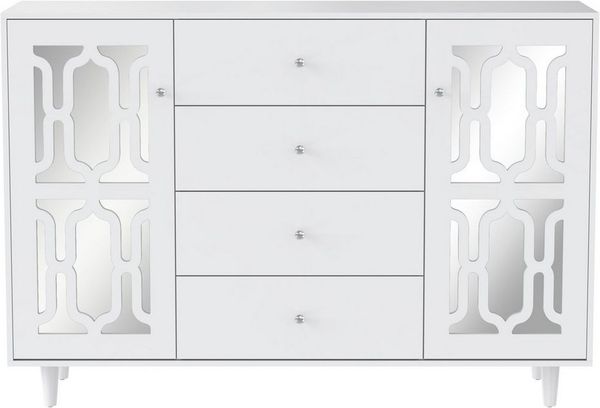 Merax Sideboard mit Spiegelelementen und geometrischem Trellis-Muster, Kommode mit vier Schubladen und Spiegelfront,Anrichte,Breite:148cm