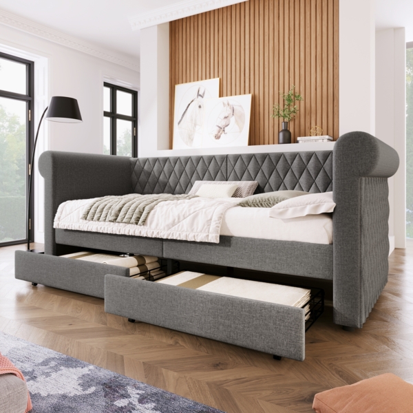 Schlafsofa Grau mit 2 Schubladen, Daybed mit Leinenstoff, vintage Kopfteil, 90x200 cm, geeignet für kleine Wohnzimmer