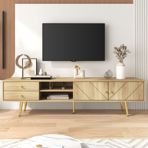 TV-Schrank 160x42x36 cm mit Goldfüßen – moderner Fernsehtisch mit zwei Schubladen und einzigartigen Türen