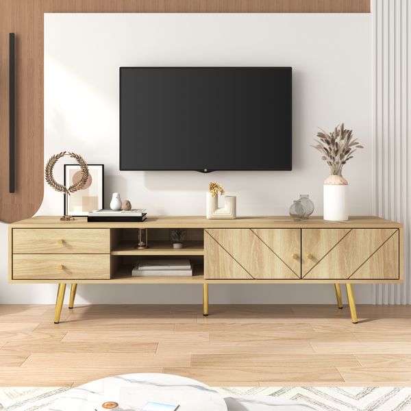 TV-Schrank 160x42x36 cm mit Goldfüßen – moderner Fernsehtisch mit zwei Schubladen und einzigartigen Türen
