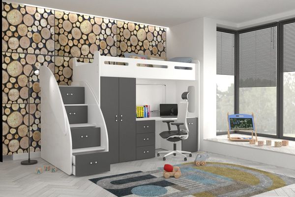 AJKmeble Hochbett Etagenbett 80x200cm mit Treppe, Schrank und Schreibtisch Hochglanz (MADE IN EU - wählbar in Farben weiß, blau, grün, rosa oder grau, für Jungen und Mädchen, Jugendbett) Kleiderschrank, Kinderzimmer, 3 in 1, 180cm x 130cm x 259cm