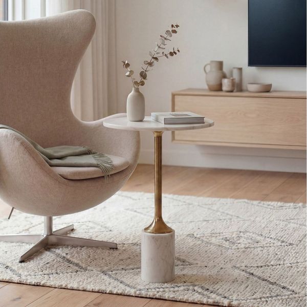 FINEBUY Beistelltisch FB116637 Sofatisch Marmor Wohnzimmertisch 37cm Couchtisch Handmade (Filigraner Loungetisch mit edlem Marmorfuß), Goldfarbenes Gestell aus robustem Aluminium