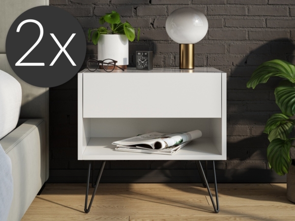 2er Set Nachttisch Dion 50cm SoftClose stehend Weiß Hgl : Weiss hochglanz