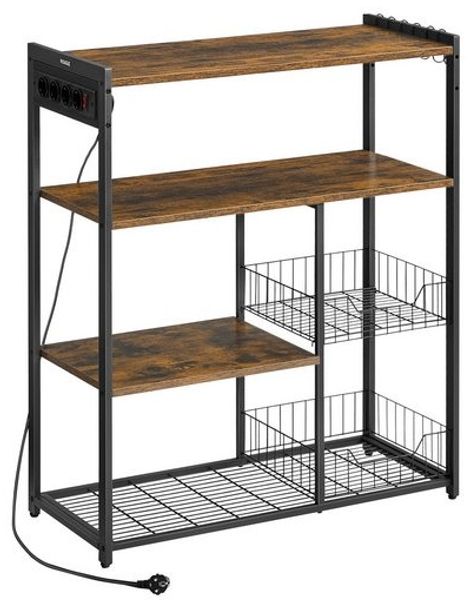 VASAGLE Küchenregal mit Steckdosen, Standregal mit 2 Metallkörben, Bäckerregal mit Haken und Regalablagen, Mikrowellenregal, 35 x 80 x 93,5 cm, Industrie-Design, vintagebraun-tintenschwarz