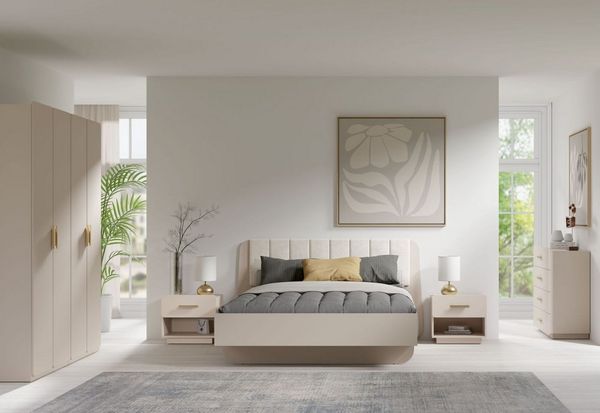 Lukas Möbel Komplettschlafzimmer Designer Schlafzimmer Komplett Lorenz in Beige, Bett mit Bettkasten und Lattenrost, Schrank mit Spiegel