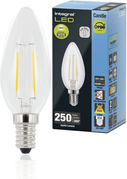 Integral LED 4 PACK E14 Omni-Filament Warm 2700K, 250LM, 2W (entspricht 25W) Nicht dimmbare Kerzenlampe - Energieeffizient & Ideal für Lampen & Kronleuchter im Wohnzimmer, Esszimmer & Schlafzimmer