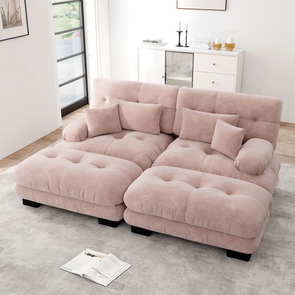 Flieks 2-Sitzer Ecksofa, Modular Cloud Doppelsofa Schlafsofa aus Chenille mit 2 Lenden- & 2 Dekokissen, breiten Armlehnen & 2 Ottoman, Rosa