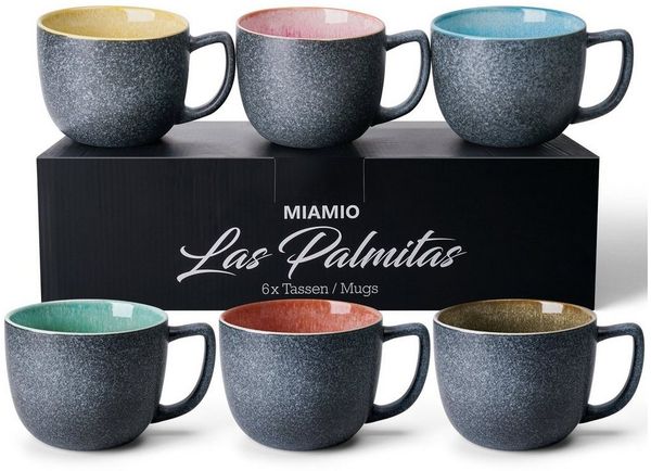 MiaMio Becher Las Palmitas groß, 470 ml, außen dunkelgrau innen bunt, 6-tlg, Keramik, 470 ml, außen dunkelgrau und innen farbig