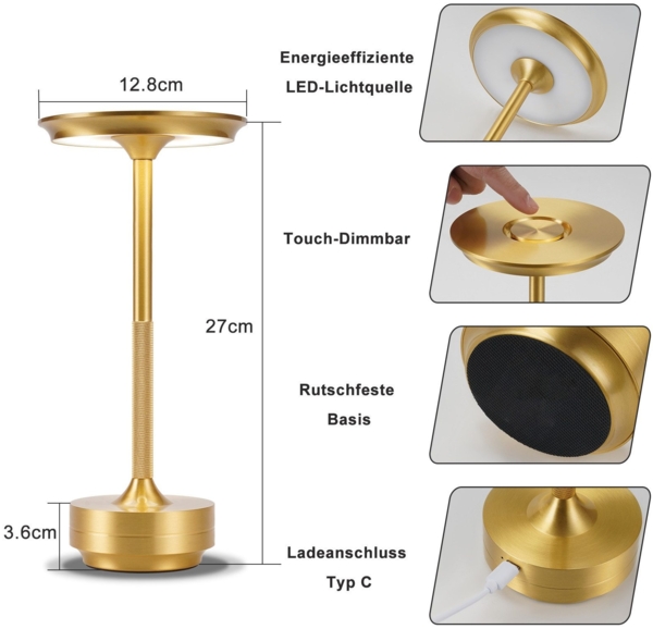 ZMH Nachttischlampe Kabellos Tischlampe Akku - LED Tischleuchte Touch Dimmbar Lampe mit USB Aufladbar Batterie Tischlampen Gold für Modern Fensterbank Wohnzimmer Kinderzimmer Schlafzimmer Bild 2