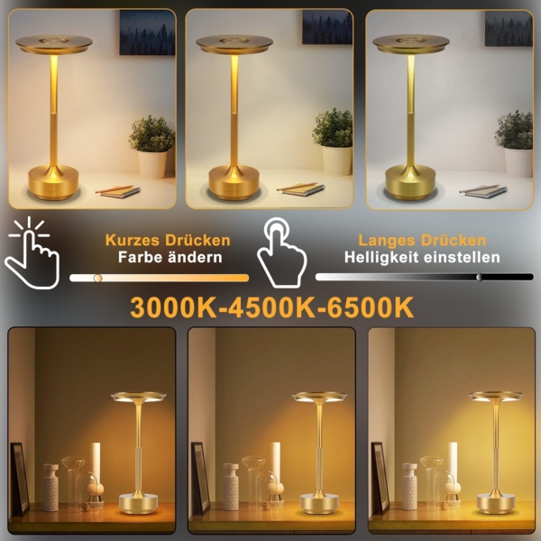 ZMH Nachttischlampe Kabellos Tischlampe Akku - LED Tischleuchte Touch Dimmbar Lampe mit USB Aufladbar Batterie Tischlampen Gold für Modern Fensterbank Wohnzimmer Kinderzimmer Schlafzimmer Bild 3
