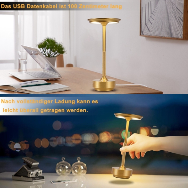 ZMH Nachttischlampe Kabellos Tischlampe Akku - LED Tischleuchte Touch Dimmbar Lampe mit USB Aufladbar Batterie Tischlampen Gold für Modern Fensterbank Wohnzimmer Kinderzimmer Schlafzimmer Bild 5