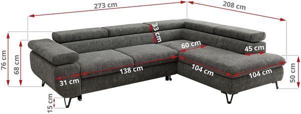 MKS Möbel 'Pablo L-Form' Ecksofa mit Schlaffunktion, verstellbare Kopfstützen, Grau, Schenille grob, ohne Topper, Links Bild 6