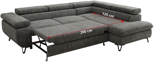 MKS Möbel 'Pablo L-Form' Ecksofa mit Schlaffunktion, verstellbare Kopfstützen, Grau, Schenille grob, ohne Topper, Links Bild 7