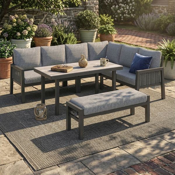 Merax Gartenlounge-Set für 8 Personen, Gartenmöbel-Set aus verzinktem Eisen & PE-Geflechtseil, (3-tlg), Ecksofa mit Bank & Glastisch, Essgruppe Outdoor Sitzgruppe, Khaki/Grau