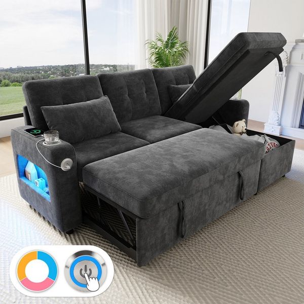 Merax Ecksofa mit LED‑Beleuchtung & USB, L-förmiges Sofa mit Schlaffunktion, multifunktionales Schlafsofa aus Chenille, für Wohnzimmer/Schlafzimmer 1 Teile, 3-Sitzer-Sofa mit Getränkehalter, Seitentaschen & verdeckten Stauraum