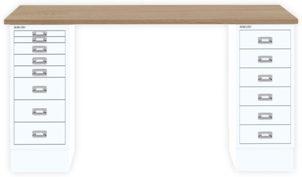 MultiDesk, 1 MultiDrawer mit 6 Schüben, 1 MultiDrawer mit 8 Schüben, Dekor natürliche Eiche, Farbe Verkehrsweiß, Maße: H 740 x B 1400 x T 600 mm