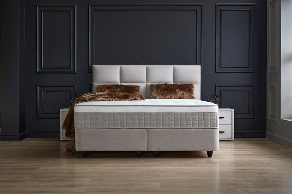 abc bedding Boxspringbett Komfortbett AYANA mit Samt Velours Webstoff in Grau Beige, Voll-orthopädisches Schlafsystem inklusive Bettkasten