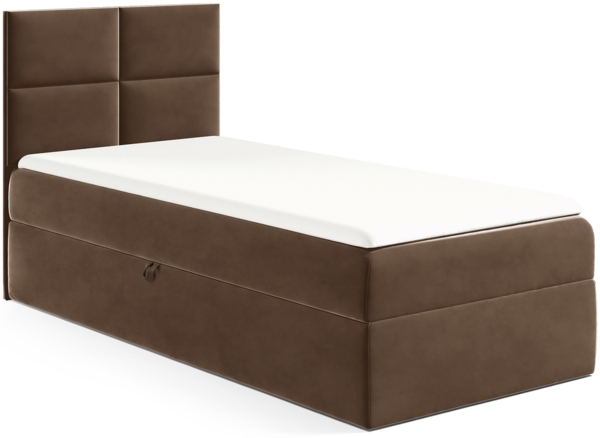 MEBLINI Kinderbett mit Bettkasten MINO 3 100x200 Links – H3/Braun Samt Gepolstert Einzelbett mit Matratze - Polsterbett mit Stauraum - Bett mit Kopfteil – Stauraumbett