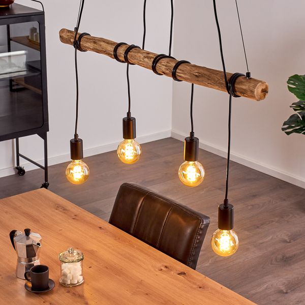 hofstein Pendelleuchte »Quart« moderne Hängeleuchte aus Metall/Holz in Schwarz/Natur, ohne Leuchtmittel, verstellbare Pendellampe mit Holzstab, E27