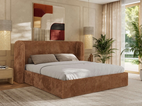 Polsterbett Bett mit Holzlattenrost Schlafzimmer Bett Doppelbett gepolstertes Kopfteil Multipocket Matratze - EMORA CLASSIC - 160x200 cm - Orange Cord - ELORI LUX