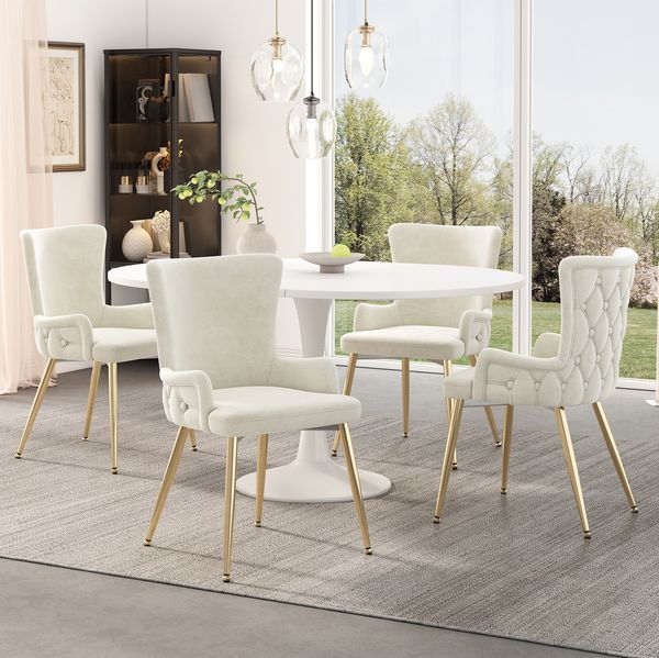 Samt-Esszimmerstuhl 4er-Set 85cm×47cm×49cm– bequemer Polsterstuhl in Beige mit Metallbeinen