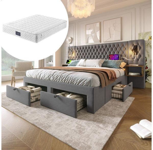 OKWISH Polsterbett Bettanlage Schlafzimmer Komplett Set (Doppelbett, 1-tlg, 180 ×200 cm, mit Matratze), mit 2 Nachttischen, 4 Schubladen, Leselicht mit USB Ladefunktion