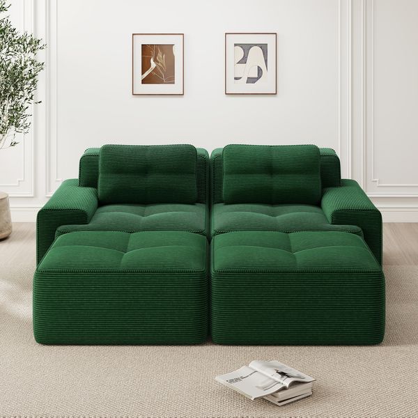 Sofa Sitzfläche Tiefe 74 cm, Cordstoff Grün, modulares boneless Cloud-Design, flexibel als 2–4‑Sitzer,204*177*69 cm