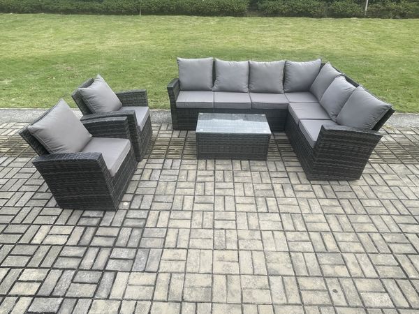 Fimous 8 Sitzer Hoher Rücken Rattan Gartenmöbel Set Polyrattan Ecksofa Set mit Rechteckiger Couchtisch 2 Sesseln Dunkelgrau gemischt