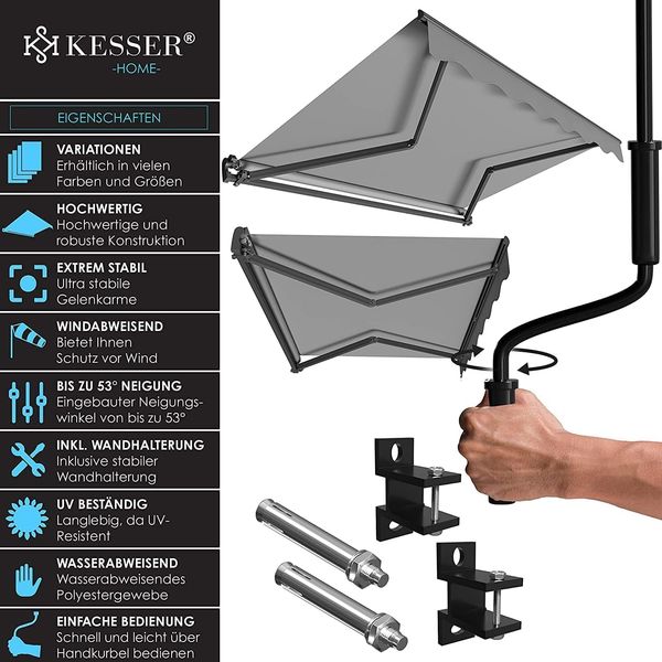 KESSER® Gelenkarmmarkise manuelle Markise Gelenkmarkise Terrassenmarkise Klemmmarkise Sonnenmarkise inkl. Wandhalterung Sonnenschutz Balkonmarkise wasserabweisender Alu/Polyester Grau, 250 x 200 cm Bild 2