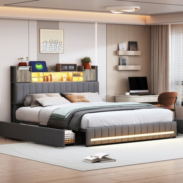 Furnishings Home Polsterbett Stauraumbett Doppelbett LED (1 tlg, Mit Vier extra große Schubladen, USB + TYPE-C Ladeanschluss), Multifunktionsbett, Mit LED-Beleuchtung, Nachttisch, Leinen,160x200 cm