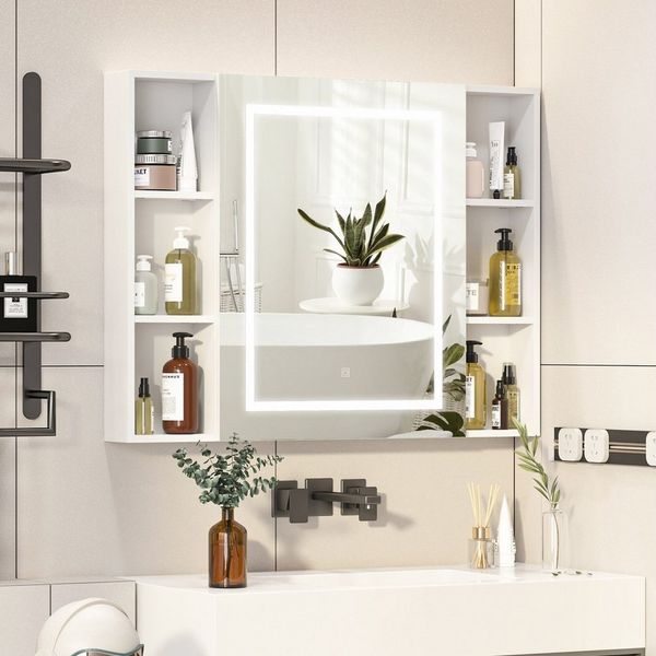 radelldar Badezimmerspiegelschrank mit LED-Beleuchtung & offenen Regalen, 100 x 76 x 13,5 cm, Weiß (1-St) Spiegelschrank mit Stauraum, 3 Farben, Dimmbar