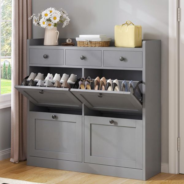 YITAHOME Schuhschrank mit 4 Klappen, Schuhregal Schuhkipper Schmal, Schuhregal mit 8 Ablageflächen Verstellbar, Schuhkommode Schuhschrank mit Schublade 100 x 25 x 85 cm für den Eingang, Flur (Grau)