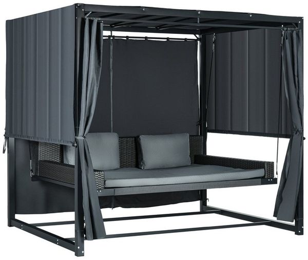 Outsunny Hollywoodschaukel Mit Baldachin, inkl. Kissen, wetterbeständiges Schaukelbett, 2-Sitzer, Bettfunktion, Gartenschaukel, 1 tlg, Hollywoodschaukel, für Garten, Balkon, Dunkelgrau