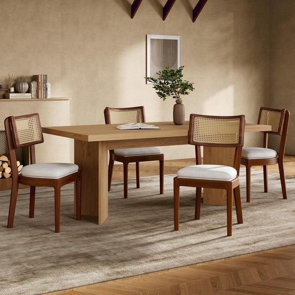 Esszimmerstuhl-Set aus 4, Massivholz mit Rattan-Rückenlehne & Leinensitz, 88x50x58, Walnuss