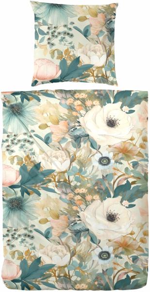 Primera Mako-Satin Bettwäsche 135x200 Blüten Rosen weiß creme petrol 243230-51