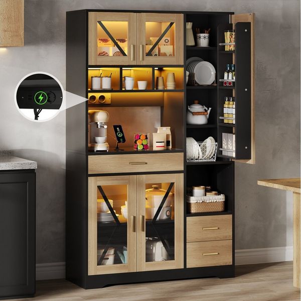 Flieks Küchenbuffet mit Steckdosen, LED-Beleuchtung und verstellbaren Einlegeböden (1-St, B105/T40/H185 cm) Hochschrank Küchenschrank mit Glastüren und Schubladen Holzoptik