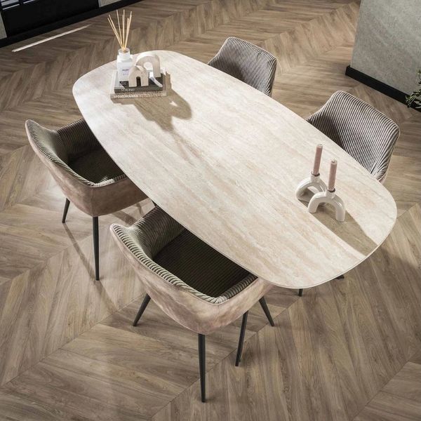 LEVEN Lifestyle Esstisch Esszimmertisch dänisch oval Keramik Travertin Optik 180 cm beige, Tischplatte aus hochwertiger Keramik