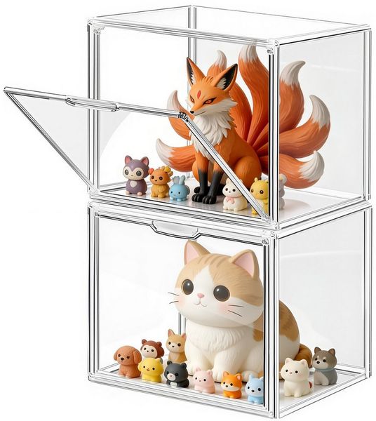 XERSEK Vitrine Transparent Displaybox mit Magnettür, Acryl Schaukasten Organizer (2 Set] 36×22×27cm Stapelfähig, Horizontal oder Vertical Platzierbar) Acryl-Vitrine für Figuren, Handtaschen, Spielzeug, Handwerk, Bücher