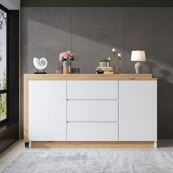 Flieks Kommode mit 360° drehbare Tisch, Rollen und Schubladen (2 St, mit verstellbaren Einlegeböden), Schreibtisch Sideboard Mehrzweckschrank Arbeitstisch weiß&Eiche