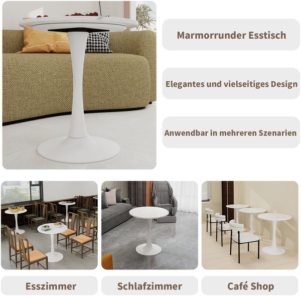 Weißer Couchtisch (27,6 Zoll), Esstisch im Mid-Century-Modern-Stil, geeignet für 2-4 Personen, mit runder Marmorplatte in weißer Maserung, vielseitig einsetzbar für verschiedene Umgebungen Bild 6