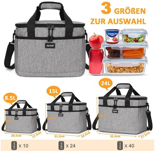 CALIYO Thermobehälter Kühltasche Faltbar Thermobehälter für Essen mit Reißverschluss, Polyethylen (PE), (Faltbar aus wassedichtem Material für Arbeit, Schule und Picknick), 8.5L /15L / 24L (Grau/Schwarz)