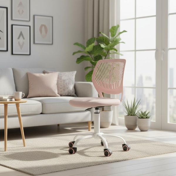 FurnitureR Wohnzimmer Sessel & Stühle ergonomischer Drehstuhl ohne Armlehnen, höhenverstellbar, Netzstoff, Metallfuß mit Rollen, 38x40 cm Sitz, 32cm Rückenlehne, Morandi Rosa