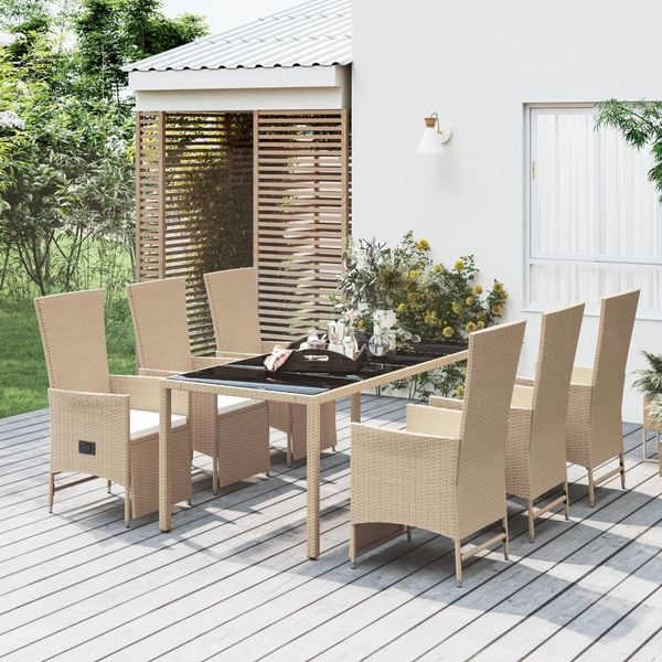 vidaXL 7-tlg. Garten-Essgruppe mit Kissen Beige Poly Rattan 3157578