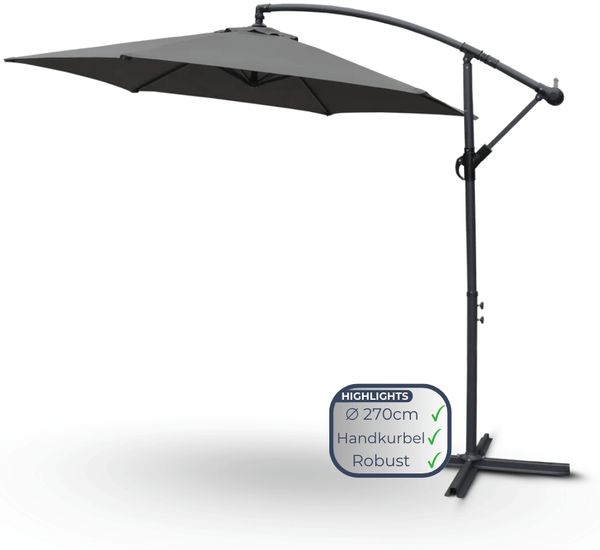 Ampelschirm 270cm Wetterfest EMCO [Inkl. Schutzhülle] Sonnenschirm 6-eckig | Kurbelschirm mit Ständer und Windschutz Gartenschirm | Anthrazit