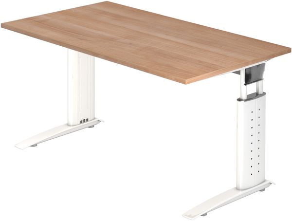 bümö höhenverstellbarer Schreibtisch U-Serie 140x80 Nussbaum, Gestell in weiß - PC Tisch für's Büro manuell höhenverstellbar, Computertisch verstellbar, US-14-N-W